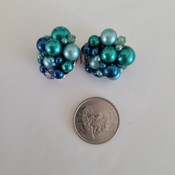 Japan Vintage Plastic Bead Multi Strand Necklace Cluster Earrings Set Blue Green - Picture 7 of 8